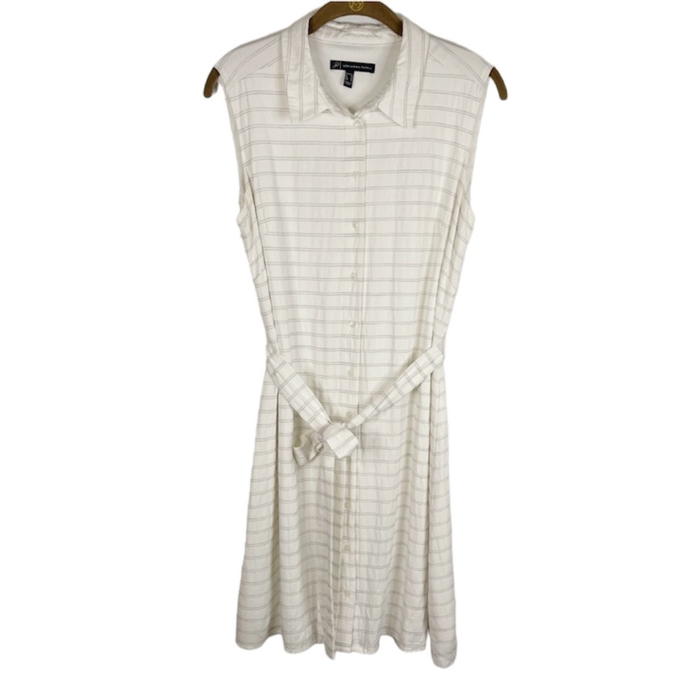 Adrianna Papell White and Gray Stripe Button Down Belted Shirt Dress Size 6